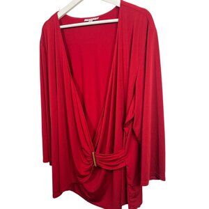 Sandra Darren Plus Size 24W Red Faux Wrap Blouse Womens 3/4 Sleeve Stretch Top